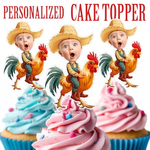 Boy Riding Rooster Cupcake Topper, Personalized Animal Cupcake Topper, Printable Custom Photo Rooster and Boy Cupcake Topper, Birthday Decor