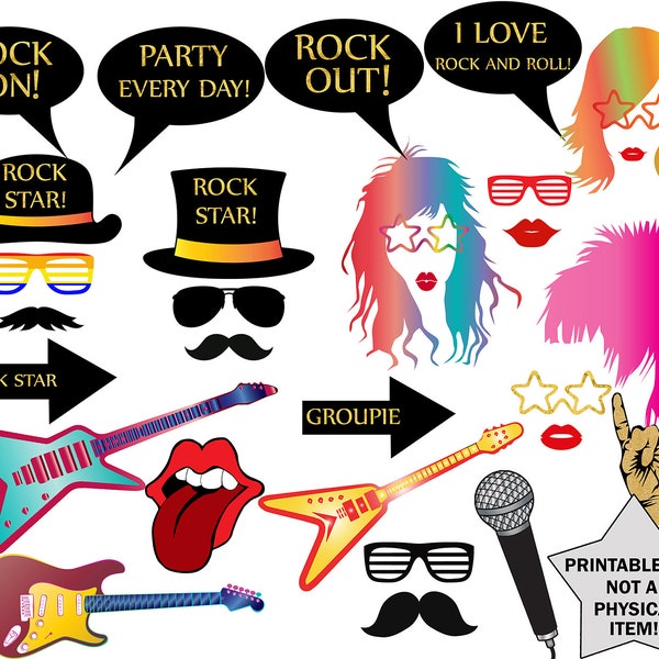 Rock Party Photo Booth Props: "ROCK STAR PARTY" Rock Party Props,Music Photo Props,Birthday Party Props,rock party printable,80s Photo Props