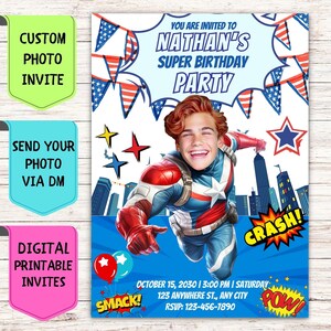Convite de aniversário de super-herói, convite de aniversário com foto de rosto personalizado, cartão de comemoração digital personalizado para festa de aniversário de super-herói