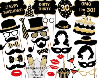 30th Birthday Photo Booth Props: Black & Gold Party Decorations (Printable PDF)