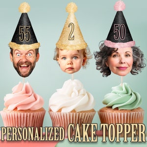 Party Hat Head Photo Cupcake Toppers, Personalized Party Hat Cupcake Topper, Printable Custom Photo Cupcake Topper, Birthday Decor