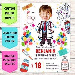 Convite de aniversário de médico, convite de aniversário com foto de rosto personalizado, cartão de comemoração digital personalizado para festa de aniversário de médico infantil