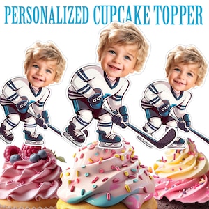 Hockey Cupcake Topper, Personalized Hockey Face Cupcake Topper Printable Custom Photo Hockey Cupcake Topper, Birthday Decor Sports Topper