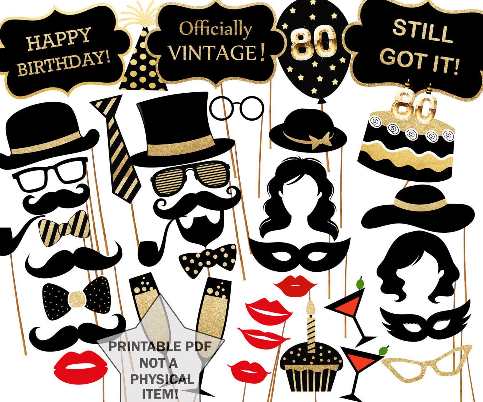 80th Birthday Photo Booth Props: printable PARTY Props Party Supplies ...