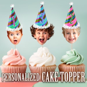 Party Hat Head Photo Cupcake Toppers, Personalized Party Hat Cupcake Topper, Printable Custom Photo Cupcake Topper, Birthday Decor