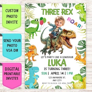 Convite de aniversário de dinossauro, convite de aniversário com foto de rosto personalizado, cartão de comemoração digital personalizado para festa de aniversário de dinossauro infantil