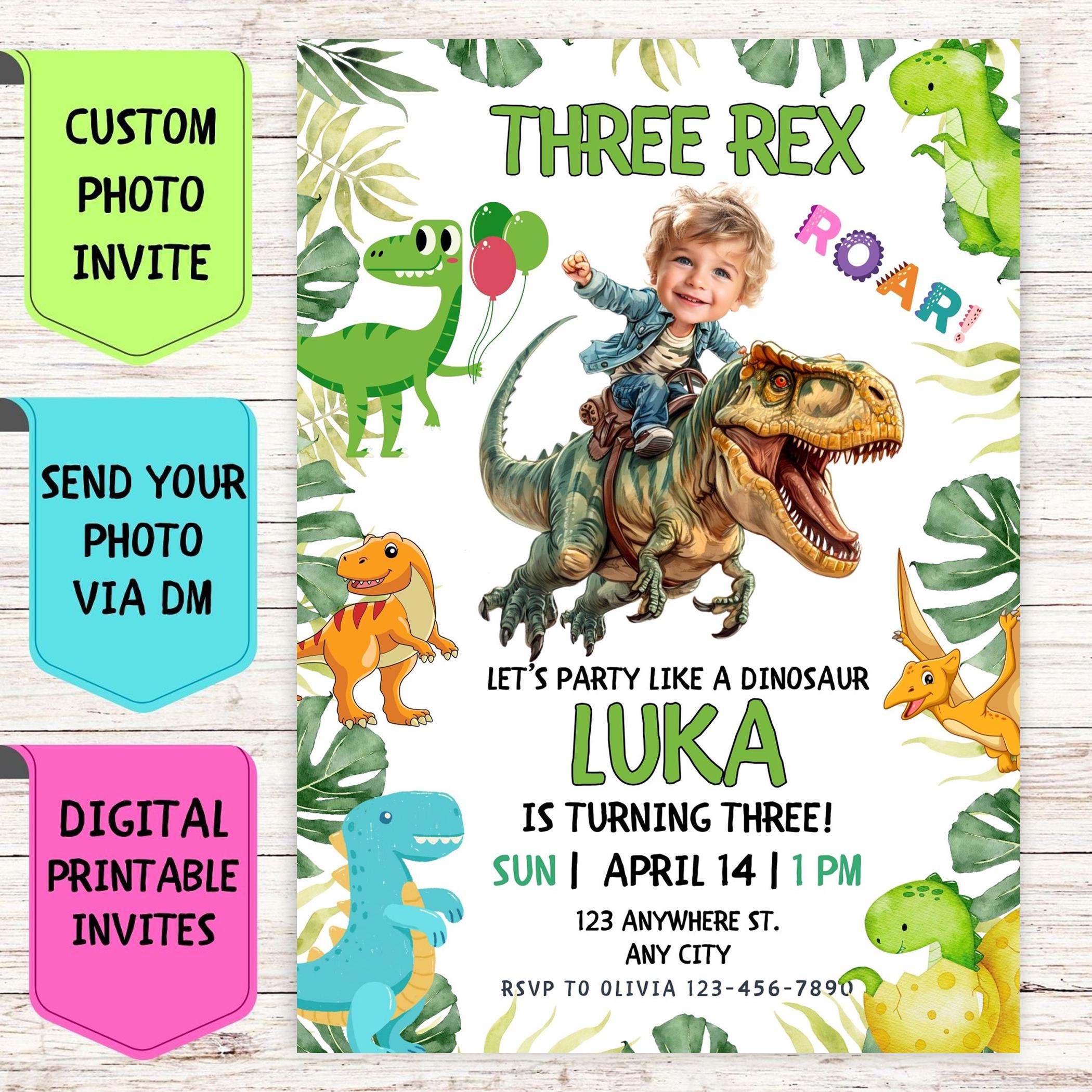 Dinosaur Birthday Invitation, Custom Face Photo Birthday Invitation, Digital Personalized Celebration Card for Kids' Birthday Dinosaur Party