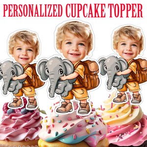 Boy with Elephant Cupcake Topper Personalized Safari Cupcake Topper Printable Custom Photo Elephant Cupcake Topper Birthday Animals Party
