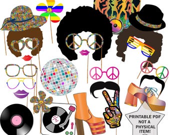 70s Disco Party Photo Booth Props: Hippie Theme (Digital Download)