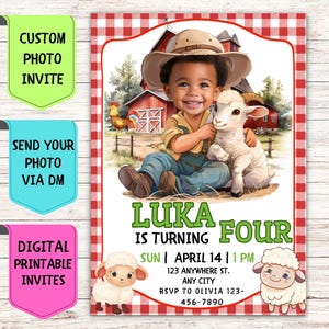 Convite de aniversário de fazendeiro com cabra, convite de aniversário com foto de rosto personalizado, cartão comemorativo digital personalizado para festa de aniversário de fazendeiro
