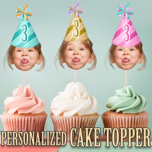 Party Hat Head Photo Cupcake Toppers, Personalized Party Hat Cupcake Topper, Printable Custom Photo Cupcake Topper, Birthday Decor