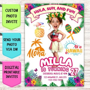 Hula hula verjaardagsuitnodiging, aangepaste foto verjaardagsuitnodiging, digitale gepersonaliseerde feestkaart voor hula hula verjaardagsfeestje
