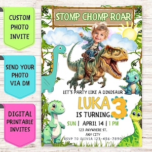 Invito di compleanno a tema dinosauro, invito di compleanno con foto personalizzata, biglietto di auguri digitale personalizzato per la festa di compleanno dei bambini a tema dinosauro