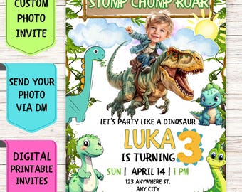 Dinosaur Birthday Invitation, Custom Face Photo Birthday Invitation, Digital Personalized Celebration Card for Kids&#39; Birthday Dinosaur Party