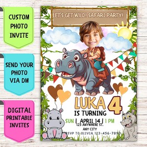 Convite de aniversário de hipopótamo safári, cartão de aniversário com foto de rosto personalizado, cartão de comemoração digital personalizado para festa de aniversário de crianças no safári