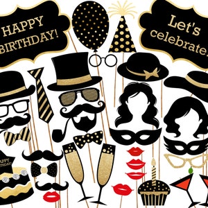 Birthday Photo Booth props: &quot;PRINTABLE PARTY PROPS&quot; Party supplies Printable Pdf Black and gold props Photo Booth supplies Instant download