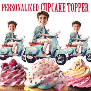 Boy Driving Scooter Cupcake Topper Personalized Scooter Rider Face Topper Printable Custom Photo Scooter Cupcake Topper Birthday Decor