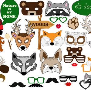 Woodland Party Photo booth Props: &quot;WOODLAND BIRTHDAY&quot; Printable PDF, Animal Party,Animal masks,Diy Props,Photobooth Props,Forest Party Props
