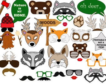 Máscaras de animales del bosque: accesorios para fotomatón: fiesta de cumpleaños (PDF imprimible)