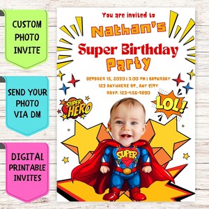 Convite de aniversário de super-herói, convite de aniversário com foto de rosto personalizado, cartão de comemoração digital personalizado para festa de aniversário de super-herói