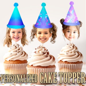 Party Hat Head Photo Cupcake Toppers, Personalized Party Hat Cupcake Topper, Printable Custom Photo Cupcake Topper, Birthday Decor