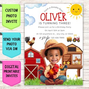 Convite de aniversário de fazendeiro com galo, convite de aniversário com foto de rosto personalizado, cartão de comemoração digital personalizado para festa de aniversário de fazendeiro