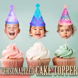 Party Hat Head Photo Cupcake Toppers, Personalized Party Hat Cupcake Topper, Printable Custom Photo Cupcake Topper, Birthday Decor