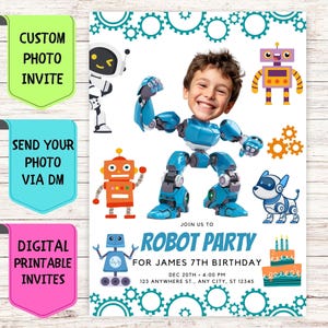 Convite de aniversário de robô, convite de aniversário com foto de rosto personalizado, cartão de comemoração digital personalizado para festa de aniversário de ciborgue