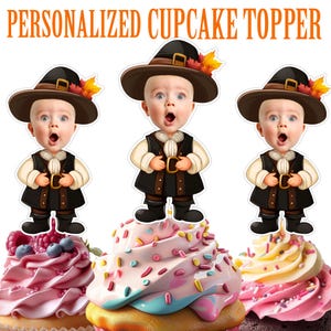 感謝祭のカップケーキトッパー、パーソナライズされた感謝祭の男の子のカップケーキトッパー、印刷可能なカスタム写真の感謝祭のケーキトッパーのホリデーデコレーション