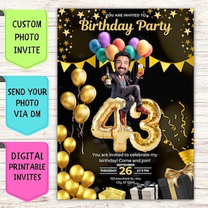 Faire-part d'anniversaire visage d'homme avec un âge personnalisé Faire-part d'anniversaire avec photo de visage personnalisée Carte de célébration numérique personnalisée pour la fête d'anniversaire d'un homme
