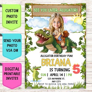 Convite de aniversário Safari Crocodile, convite de aniversário com foto de rosto personalizado, cartão de comemoração digital personalizado para festa de aniversário infantil
