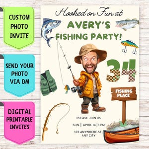 Invitación de cumpleaños de pescador, invitación de cumpleaños con foto de rostro personalizada, tarjeta de celebración personalizada digital para fiesta de cumpleaños de pescador