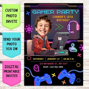 Invitación de cumpleaños de jugador, invitación de cumpleaños con foto de rostro personalizada, tarjeta de celebración personalizada digital para fiesta de cumpleaños de jugador