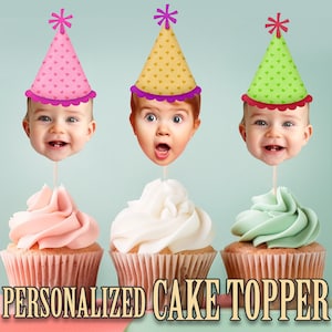 Party Hat Head Photo Cupcake Toppers, Personalized Party Hat Cupcake Topper, Printable Custom Photo Cupcake Topper, Birthday Decor