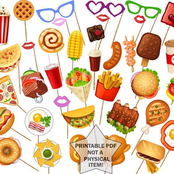 Printable food photo booth props: "PARTY PHOTO PROPS" Food Photobooth Corndog Prop Hot Dog Prop Sweets prop Birthday Party Props