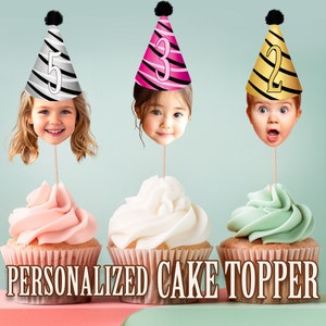 Party Hat Head Photo Cupcake Toppers, Personalized Party Hat Cupcake Topper, Printable Custom Photo Cupcake Topper, Birthday Decor