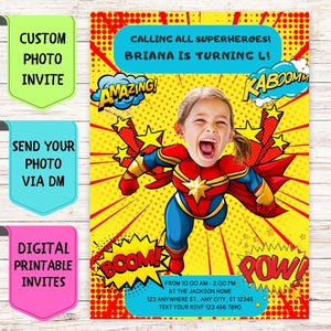 Convite de aniversário de super-herói, convite de aniversário com foto de rosto personalizado, cartão de comemoração digital personalizado para festa de aniversário de super-herói