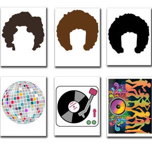 May include: Set of six printable party decorations featuring a disco ball, a record player, and three different styles of afro wigs. The decorations are in black, white, brown, pink, blue, green, and yellow.