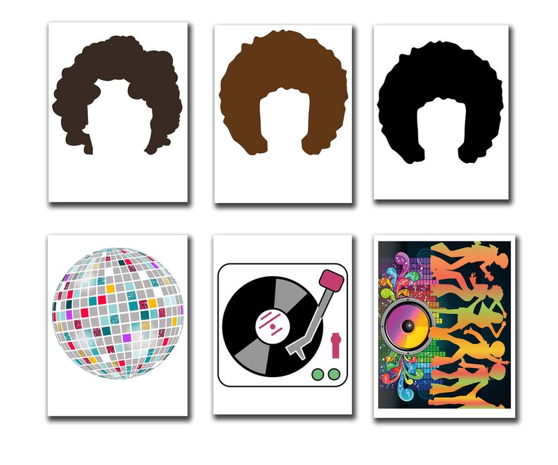 May include: Set of six printable party decorations featuring a disco ball, a record player, and three different styles of afro wigs. The decorations are in black, white, brown, pink, blue, green, and yellow.