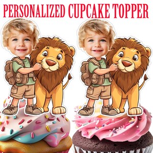 Boy and Lion Cupcake Topper, Personalized Safari Cupcake Topper, Printable Custom Photo Safari Boy with Lion Cake Topper Birthday Decor