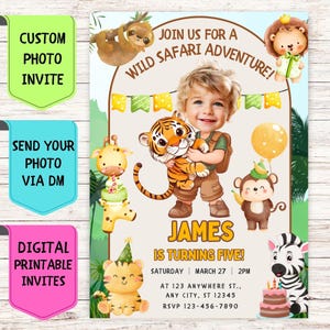 Convite de aniversário de tigre safári personalizado com foto de rosto, convite de aniversário, cartão de celebração digital personalizado para festa de aniversário de animais de crianças
