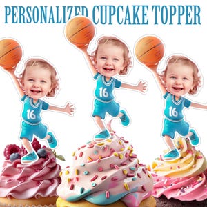 Basketball Cupcake Topper, Personalized Basketball Player Face Cupcake Topper Printable Custom Photo Basketball Cake Topper Birthday Decor