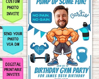 Custom Face Muscle Man Birthday Invitation: Gym Party (Digital)