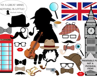 Sherlock Holmes Photo Booth Props: "DETECTIVES PHOTO BOOTH" Clue Birthday Party,Detective party,London photobooth,Printable party props