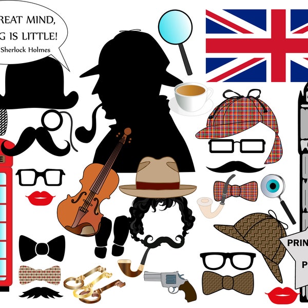 Sherlock Holmes Photo Booth Props: "DETECTIVES PHOTO BOOTH" Clue Birthday Party,Detective party,London photobooth,Printable party props