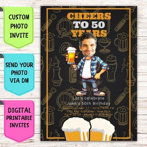 Bier Liebhaber Geburtstagseinladung, Benutzerdefinierte Gesicht Foto Geburtstagseinladung, digitale personalisierte Feierkarte für Beer Guy Geburtstagsfeier