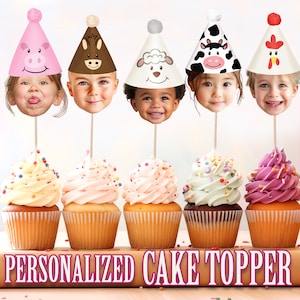 Animal Party Hat Head Photo Cupcake Toppers, Personalized Party Hat Cupcake Topper, Printable Custom Photo Cupcake Topper, Birthday Decor