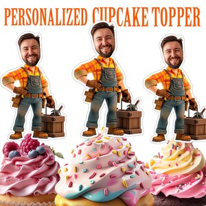 May include: Three personalized cupcake toppers featuring a cartoon illustration of a person wearing a plaid shirt, overalls, and a tool belt. The person is holding a toolbox with tools. The toppers are printed on white cardstock and are ready to be used on cupcakes.