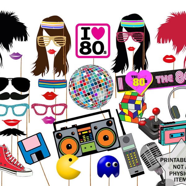 80s Photo Booth Props: "80'S PARTY PROPS" 1980's Era photobooth Props 80s party printable Eighties party  Fun Photo Booth Instant download