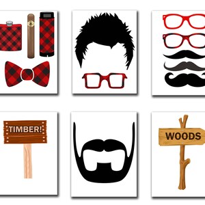 May include: Set of 10 printable photo booth props with a lumberjack theme. Props include a plaid bow tie, a flask, a cigar, a pair of glasses, a mustache, a beard, a sign that says "TIMBER!" and a sign that says "WOODS".